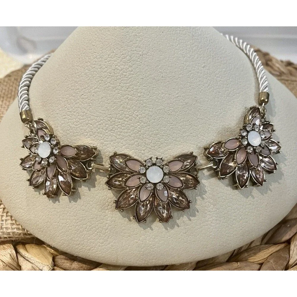 Bib Floral Statement Necklace Fairy Grunge Rhinestone Gold Tone Necklace Glam